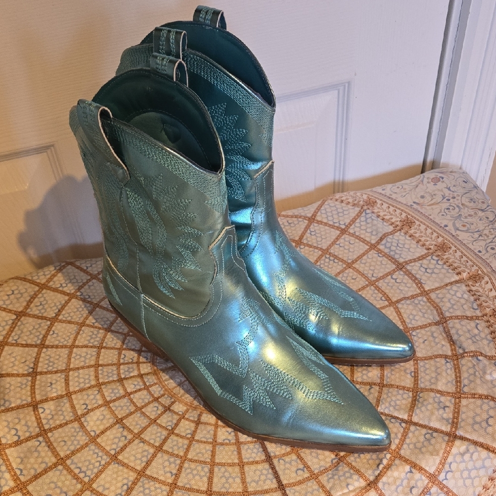Metallic Teal Western Ankle Boots